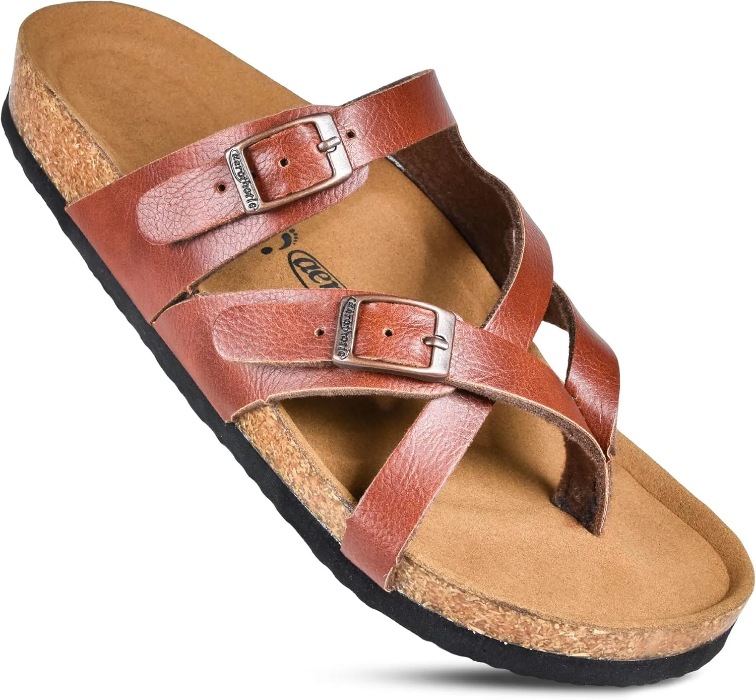 AEROTHOTIC Womens Strappy Slip-On Modern Memory Foam Cushion Footbed Outdoor Adjustable Buckle Cork Footbed Slides for Sandals with Comfortable Arch Support