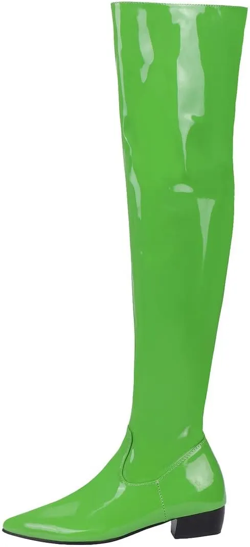 Agodor Women's Low Heel Pointed Toe Over The Knee Boots Patent Leather Wide Calf Boots