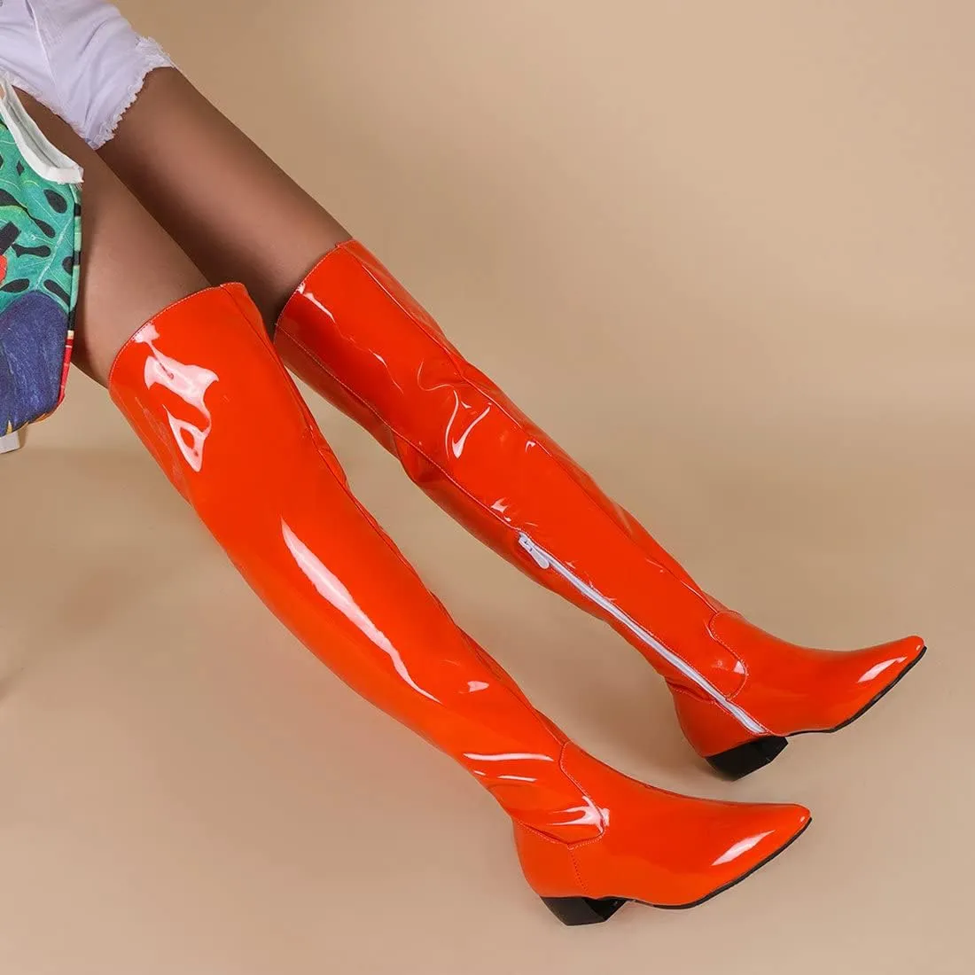 Agodor Women's Low Heel Pointed Toe Over The Knee Boots Patent Leather Wide Calf Boots