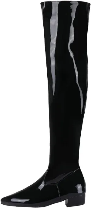 Agodor Women's Low Heel Pointed Toe Over The Knee Boots Patent Leather Wide Calf Boots