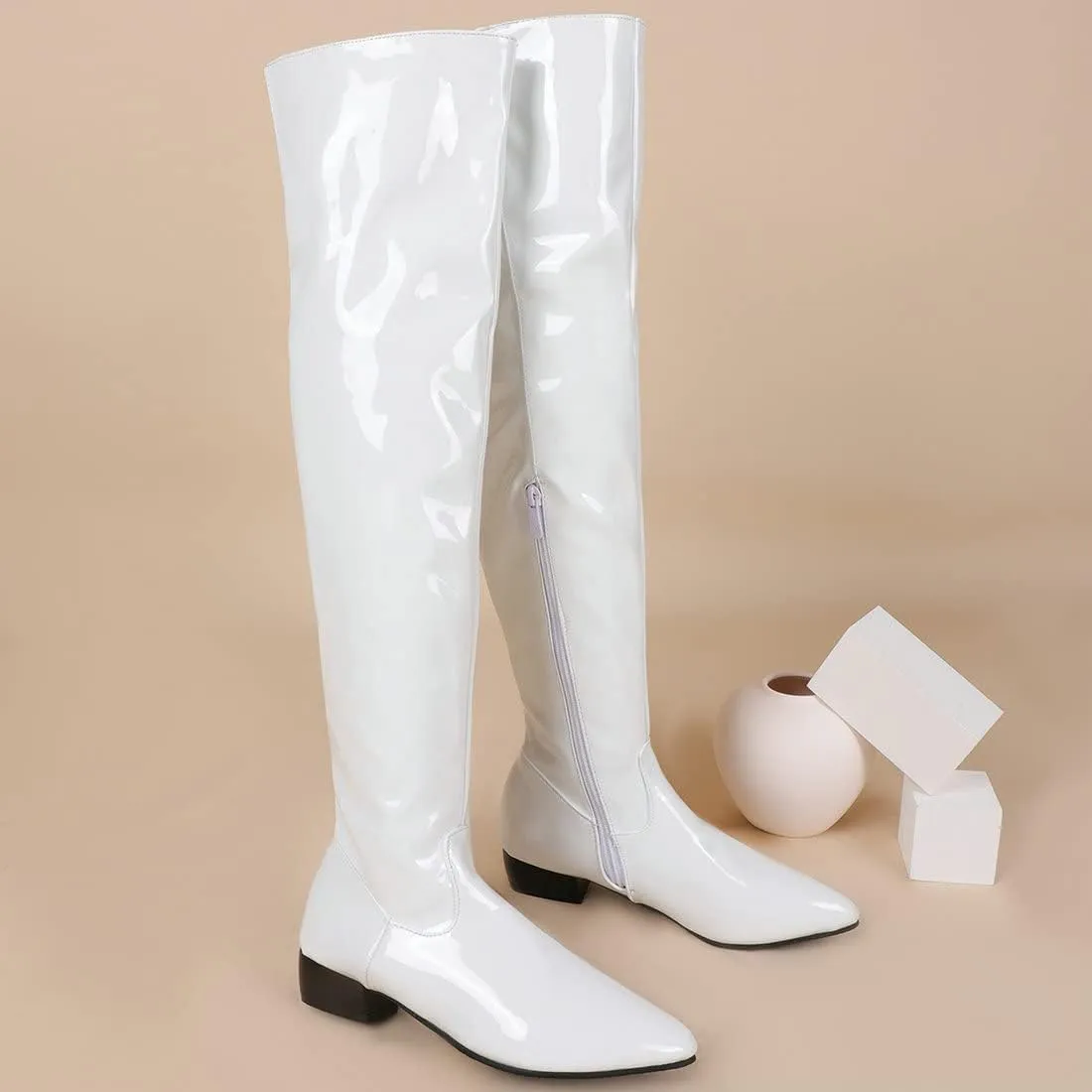 Agodor Women's Low Heel Pointed Toe Over The Knee Boots Patent Leather Wide Calf Boots