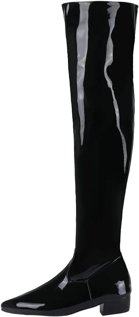 Agodor Women's Low Heel Pointed Toe Over The Knee Boots Patent Leather Wide Calf Boots