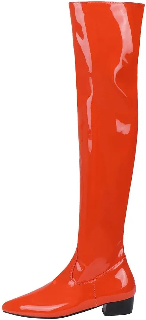 Agodor Women's Low Heel Pointed Toe Over The Knee Boots Patent Leather Wide Calf Boots