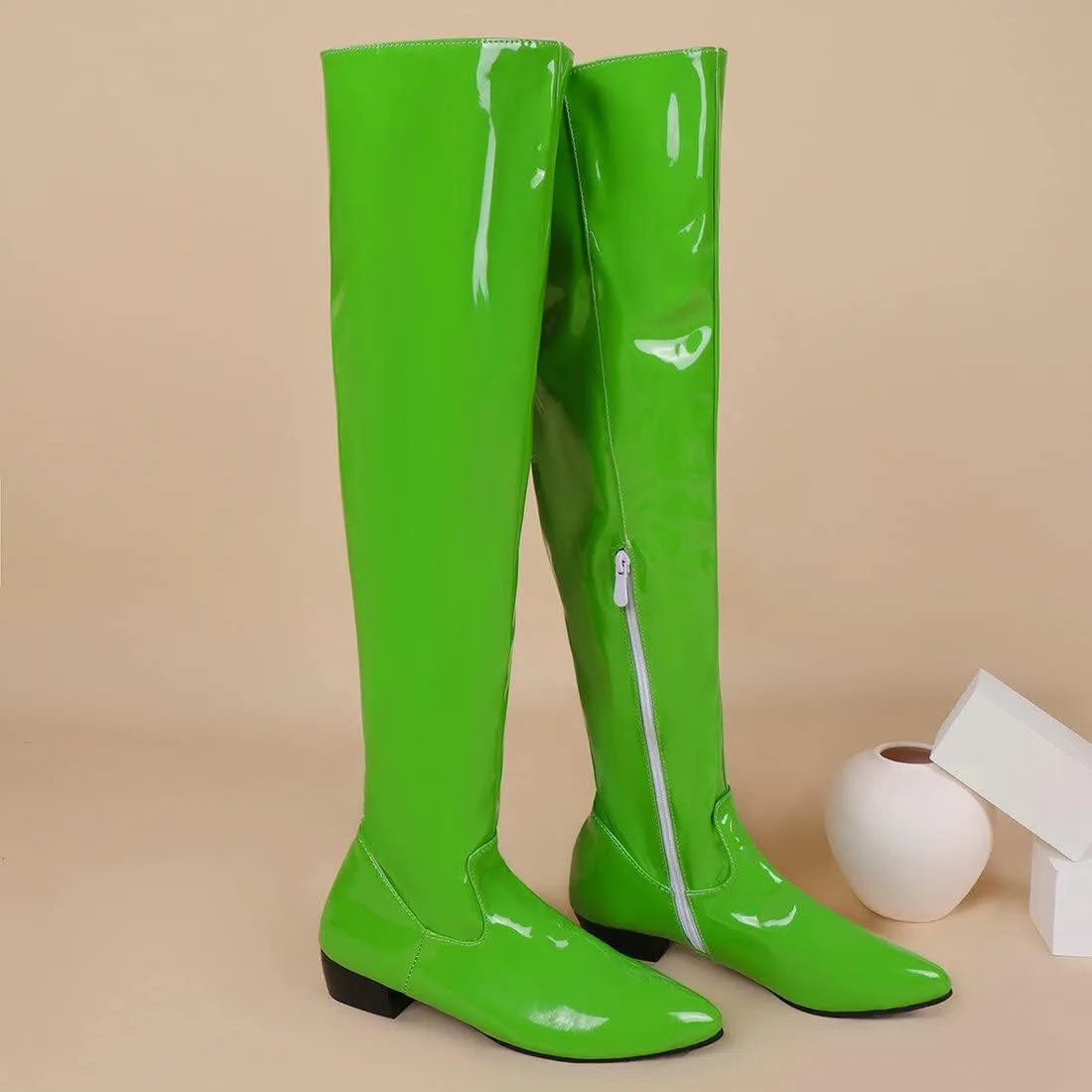 Agodor Women's Low Heel Pointed Toe Over The Knee Boots Patent Leather Wide Calf Boots