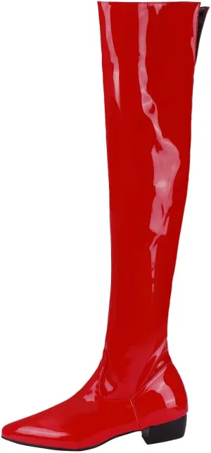 Agodor Women's Low Heel Pointed Toe Over The Knee Boots Patent Leather Wide Calf Boots