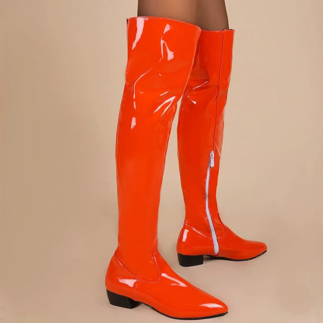 Agodor Women's Low Heel Pointed Toe Over The Knee Boots Patent Leather Wide Calf Boots