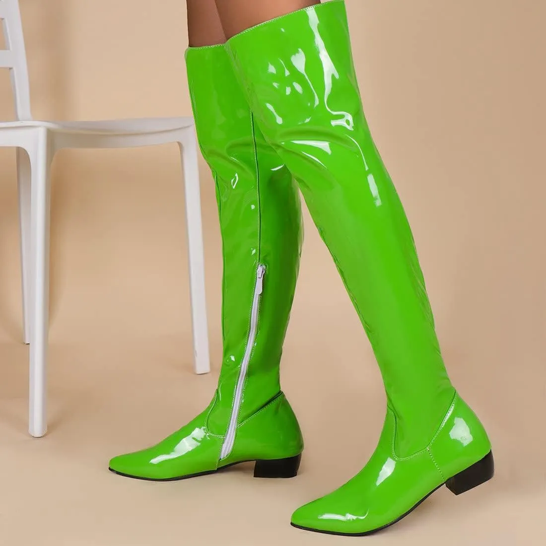 Agodor Women's Low Heel Pointed Toe Over The Knee Boots Patent Leather Wide Calf Boots