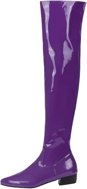 Agodor Women's Low Heel Pointed Toe Over The Knee Boots Patent Leather Wide Calf Boots