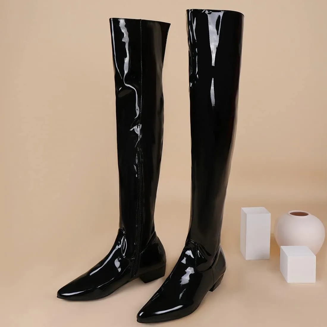 Agodor Women's Low Heel Pointed Toe Over The Knee Boots Patent Leather Wide Calf Boots