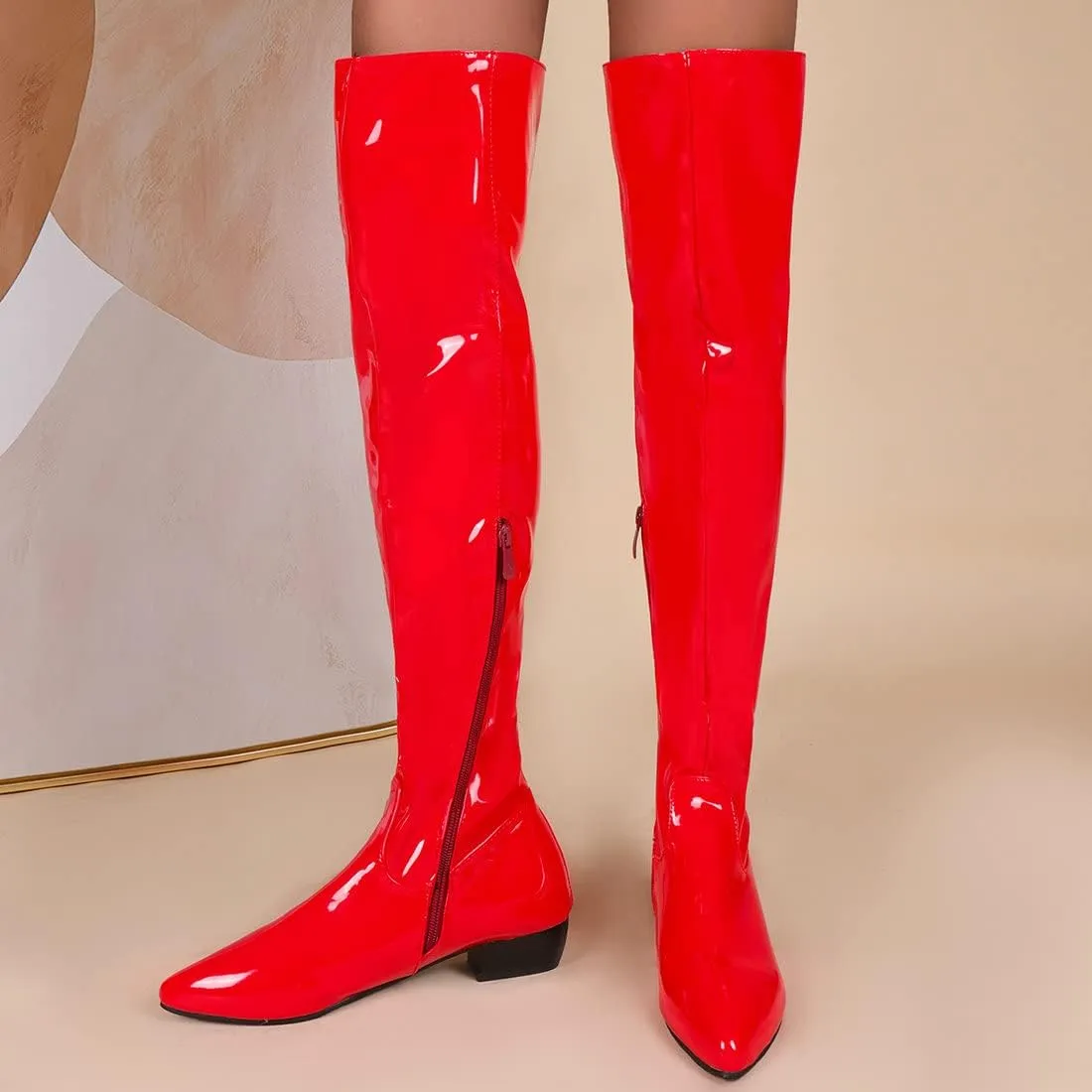 Agodor Women's Low Heel Pointed Toe Over The Knee Boots Patent Leather Wide Calf Boots