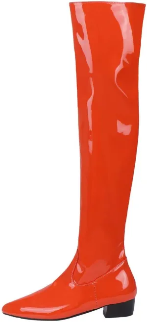 Agodor Women's Low Heel Pointed Toe Over The Knee Boots Patent Leather Wide Calf Boots