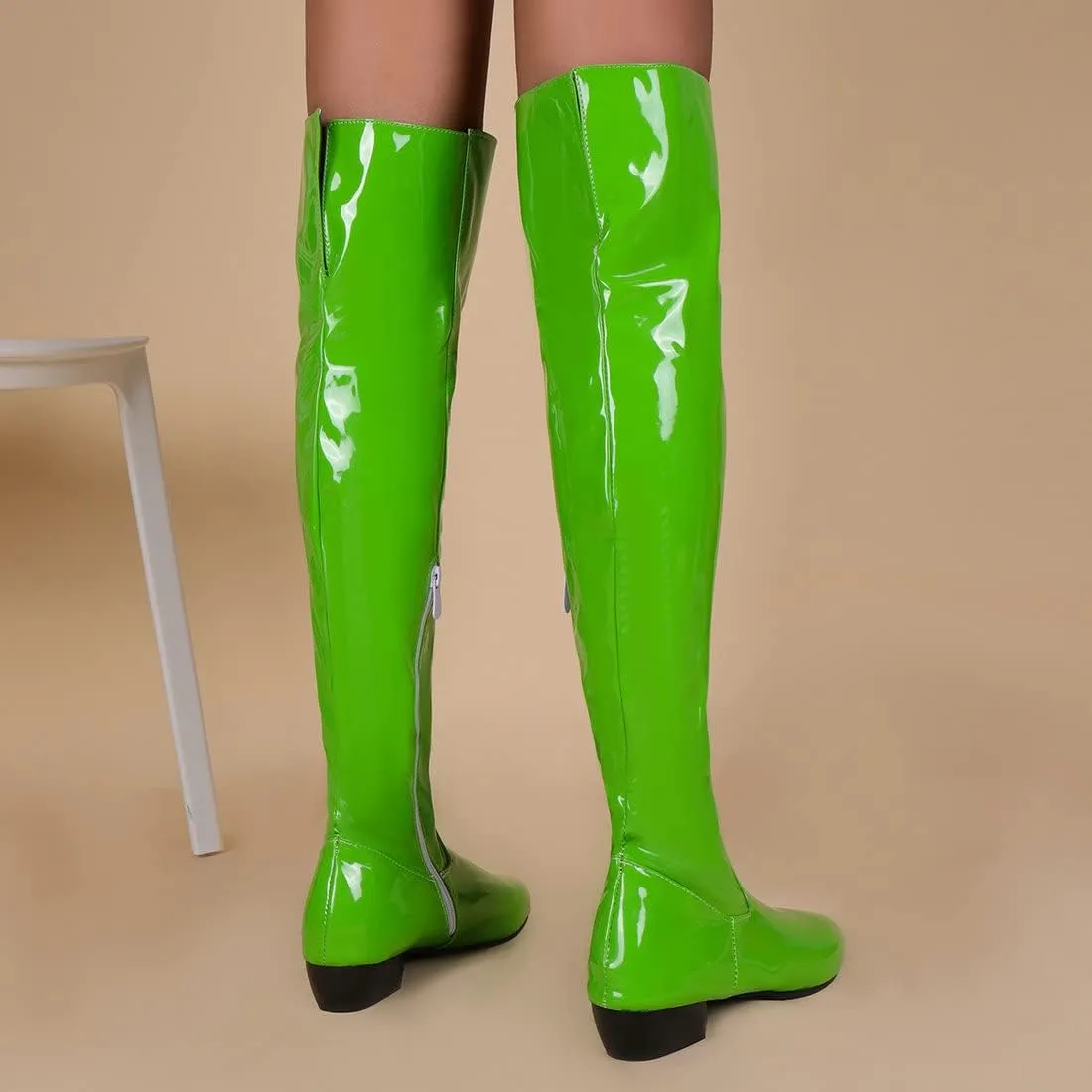 Agodor Women's Low Heel Pointed Toe Over The Knee Boots Patent Leather Wide Calf Boots