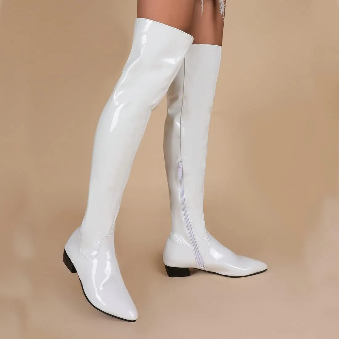 Agodor Women's Low Heel Pointed Toe Over The Knee Boots Patent Leather Wide Calf Boots