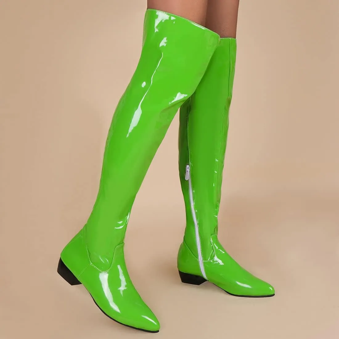Agodor Women's Low Heel Pointed Toe Over The Knee Boots Patent Leather Wide Calf Boots