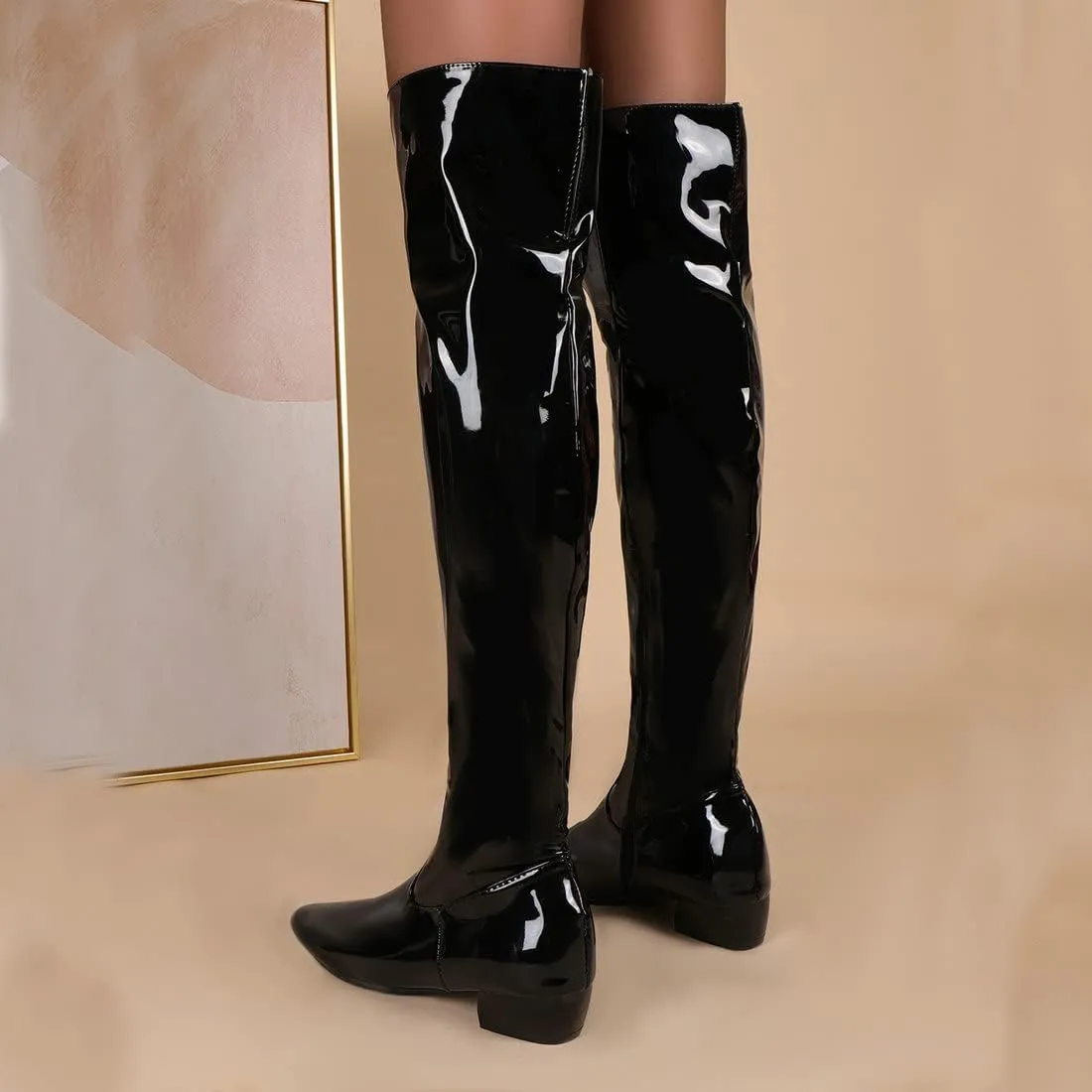 Agodor Women's Low Heel Pointed Toe Over The Knee Boots Patent Leather Wide Calf Boots