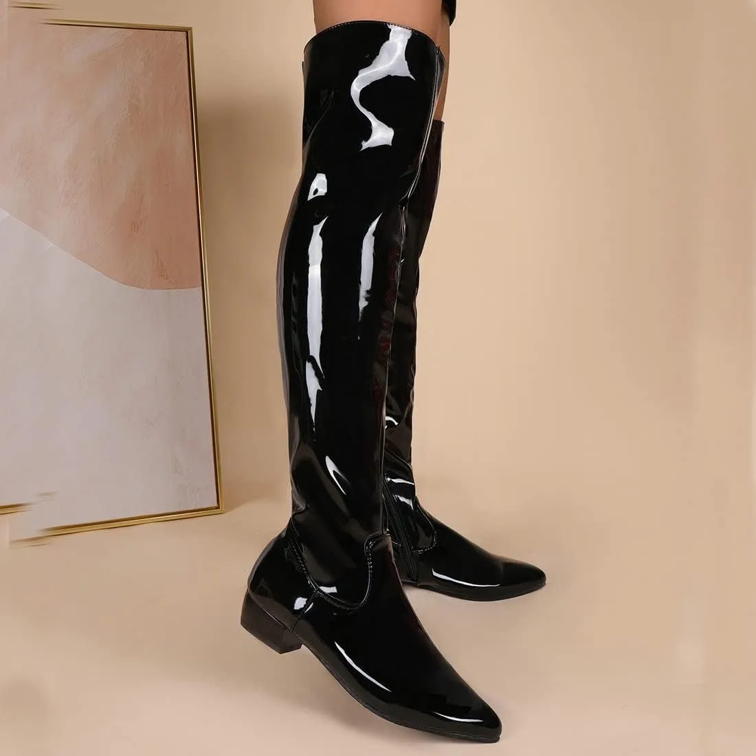 Agodor Women's Low Heel Pointed Toe Over The Knee Boots Patent Leather Wide Calf Boots