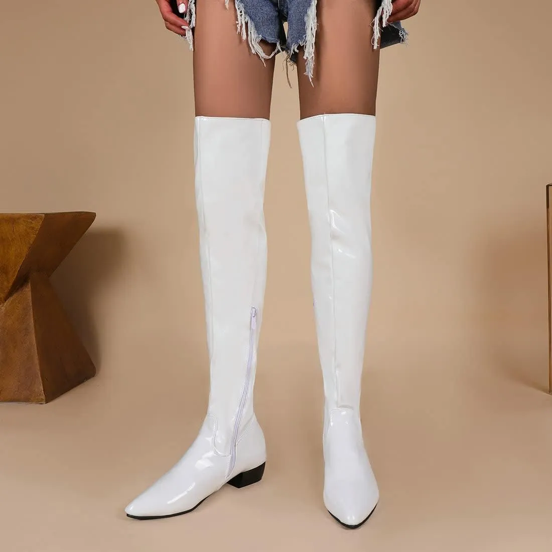 Agodor Women's Low Heel Pointed Toe Over The Knee Boots Patent Leather Wide Calf Boots
