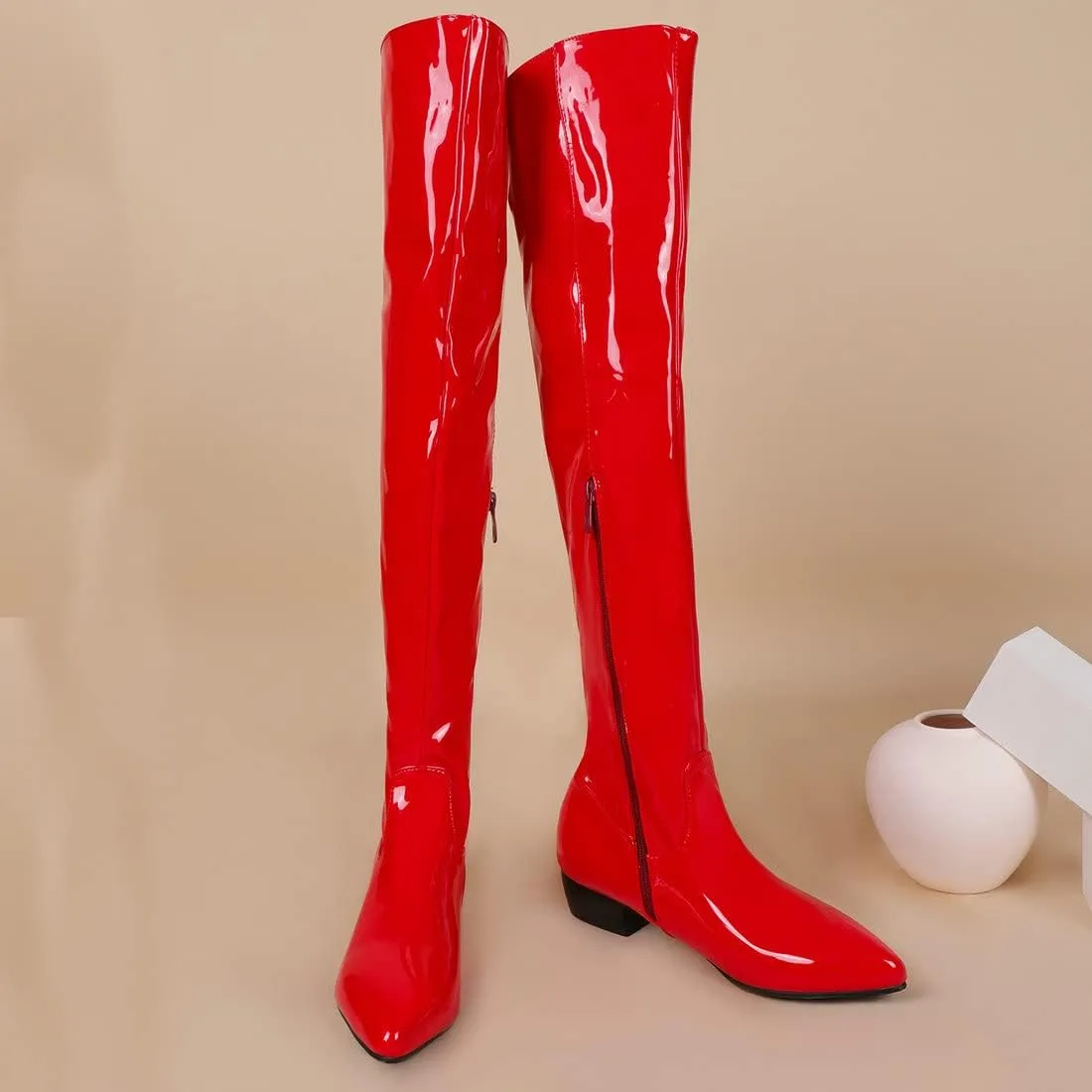 Agodor Women's Low Heel Pointed Toe Over The Knee Boots Patent Leather Wide Calf Boots