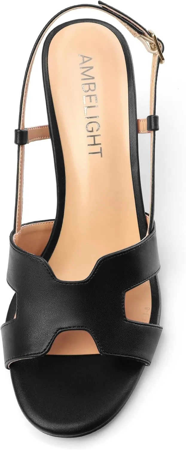 AMBELIGHT Women's Strappy Dress Pumps Buckle Open Round Toe Slingback Dating Comfort Matte Kitten Low Heel Heeled Sandals 1.5 Inch