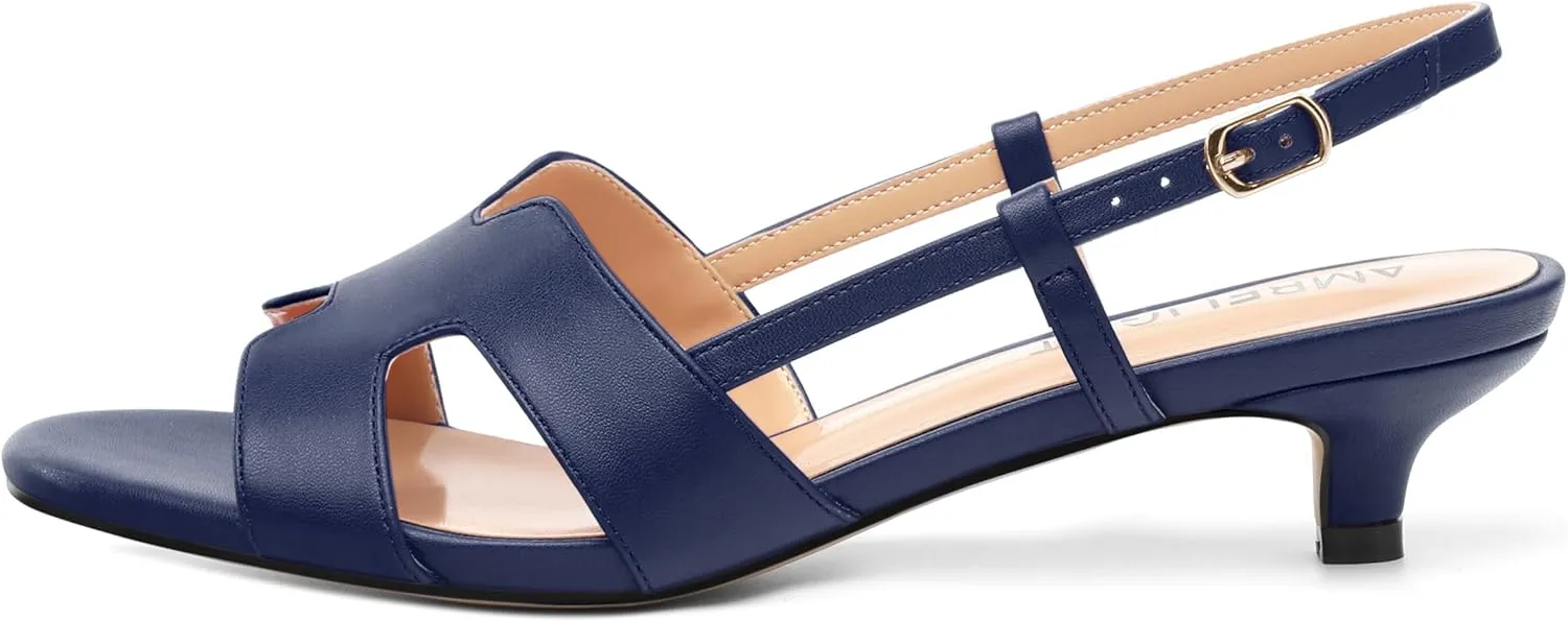 AMBELIGHT Women's Strappy Dress Pumps Buckle Open Round Toe Slingback Dating Comfort Matte Kitten Low Heel Heeled Sandals 1.5 Inch