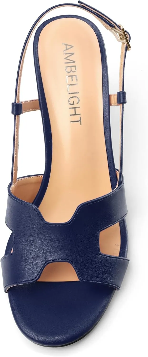 AMBELIGHT Women's Strappy Dress Pumps Buckle Open Round Toe Slingback Dating Comfort Matte Kitten Low Heel Heeled Sandals 1.5 Inch