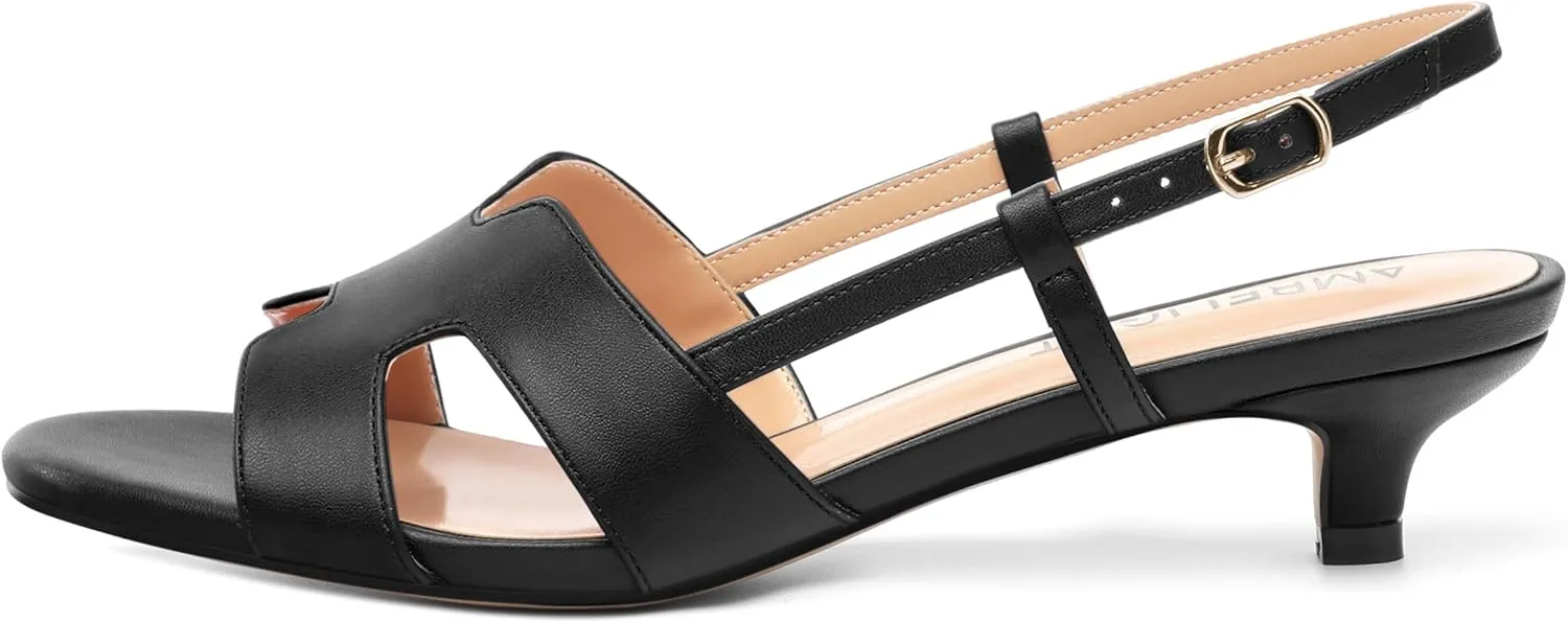 AMBELIGHT Women's Strappy Dress Pumps Buckle Open Round Toe Slingback Dating Comfort Matte Kitten Low Heel Heeled Sandals 1.5 Inch