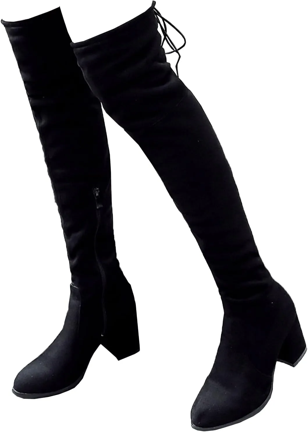 BEAUPAS Women's Chunky Heel Lace Up Over The Knee Boots High Heel Thigh High Block Heels Boots Round Toe Zipper Shoes