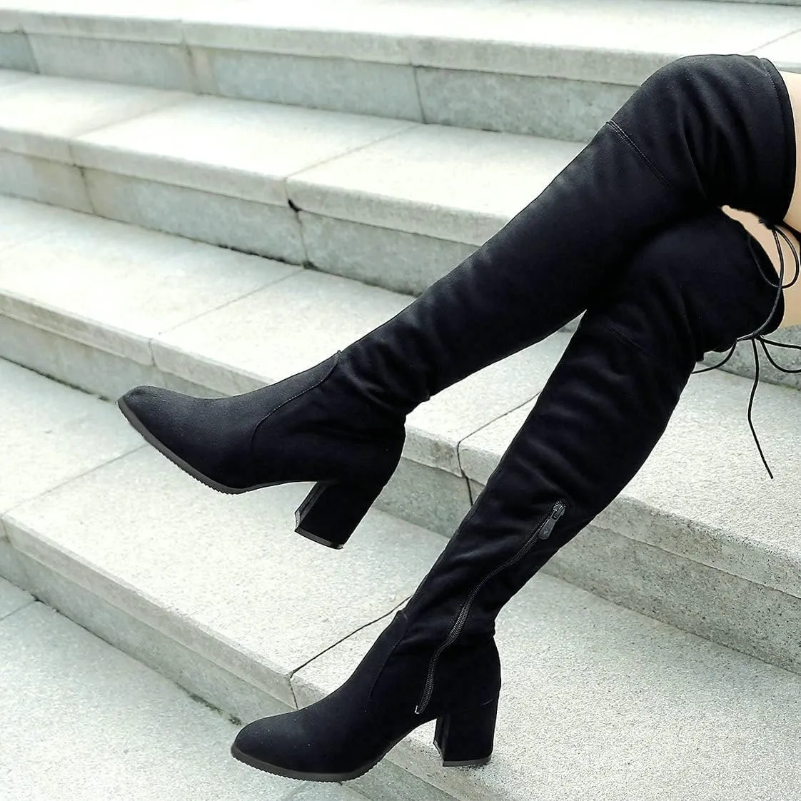 BEAUPAS Women's Chunky Heel Lace Up Over The Knee Boots High Heel Thigh High Block Heels Boots Round Toe Zipper Shoes