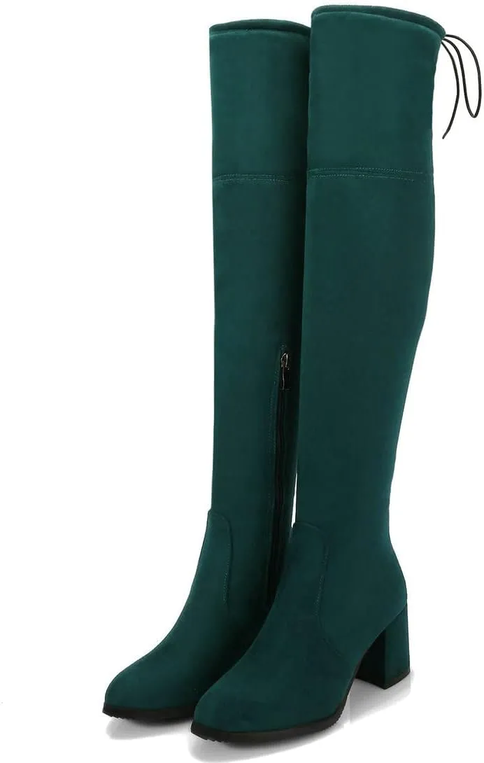 BEAUPAS Women's Chunky Heel Lace Up Over The Knee Boots High Heel Thigh High Block Heels Boots Round Toe Zipper Shoes