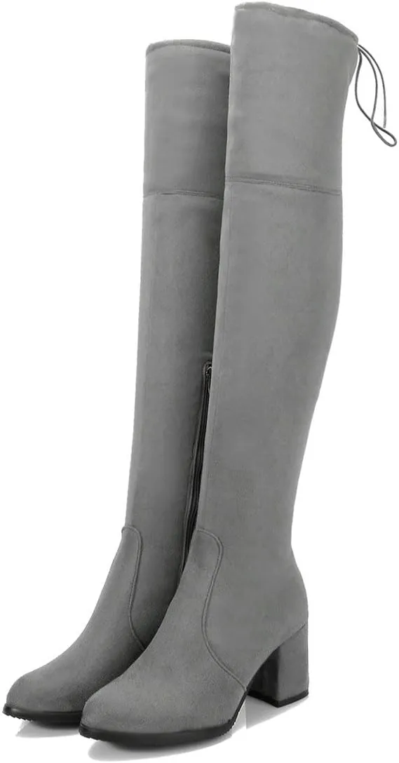 BEAUPAS Women's Chunky Heel Lace Up Over The Knee Boots High Heel Thigh High Block Heels Boots Round Toe Zipper Shoes