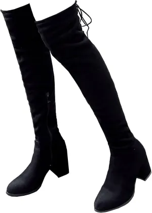 BEAUPAS Women's Chunky Heel Lace Up Over The Knee Boots High Heel Thigh High Block Heels Boots Round Toe Zipper Shoes