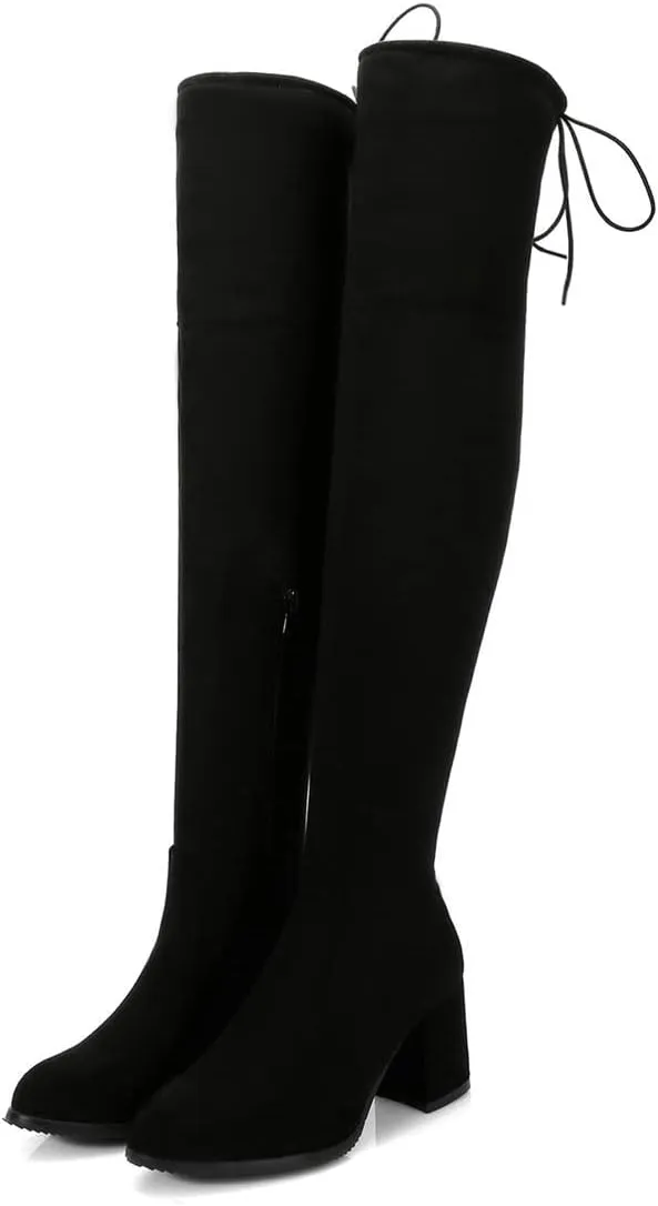 BEAUPAS Women's Chunky Heel Lace Up Over The Knee Boots High Heel Thigh High Block Heels Boots Round Toe Zipper Shoes