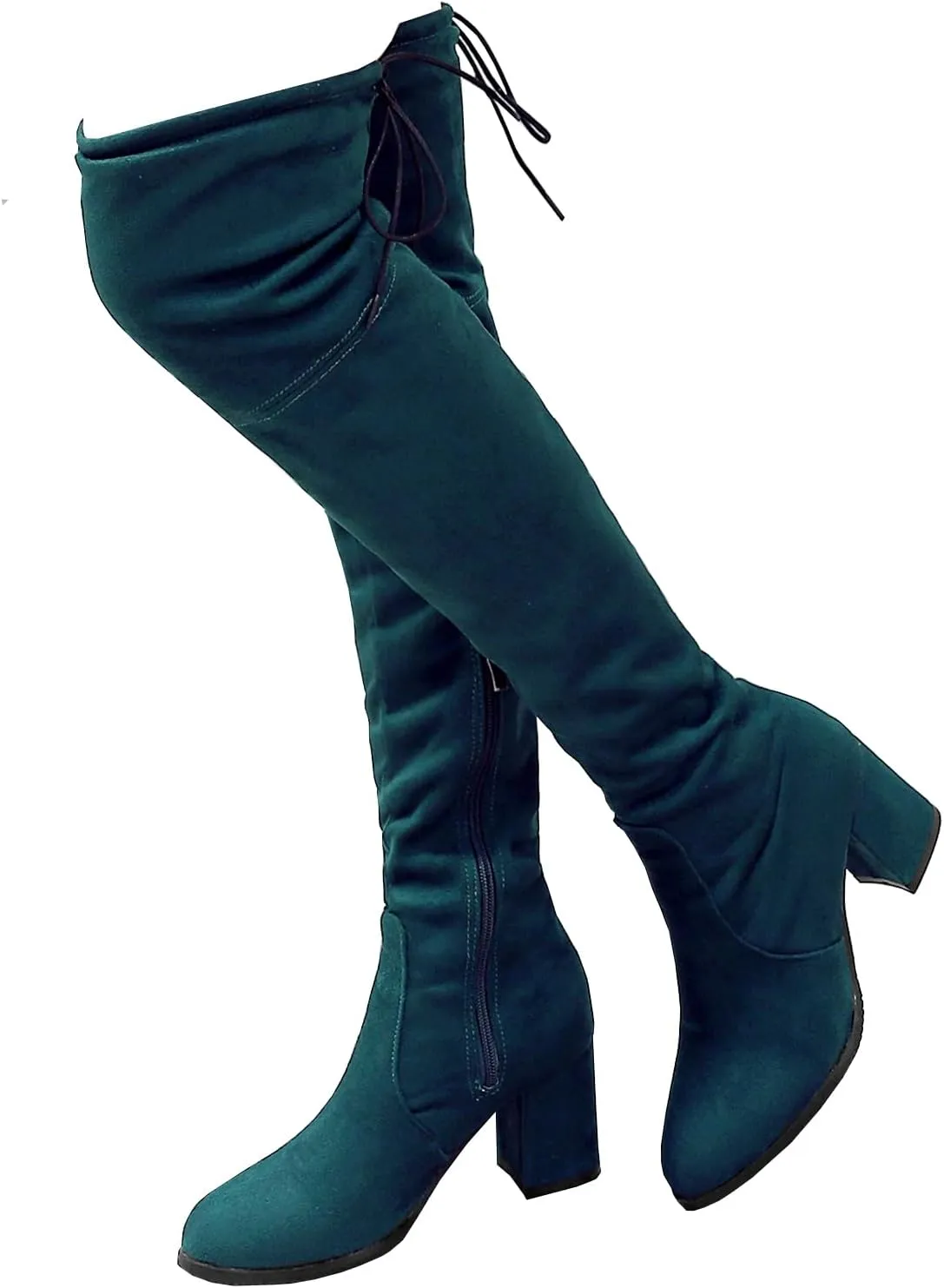 BEAUPAS Women's Chunky Heel Lace Up Over The Knee Boots High Heel Thigh High Block Heels Boots Round Toe Zipper Shoes