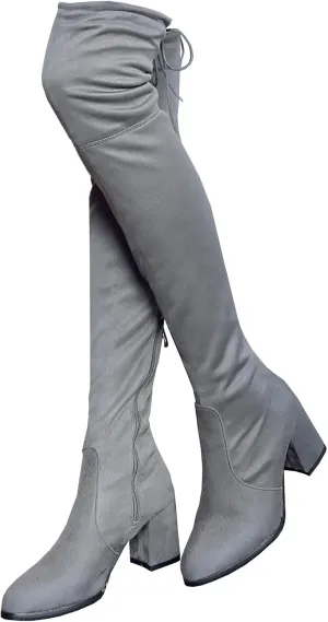 BEAUPAS Women's Chunky Heel Lace Up Over The Knee Boots High Heel Thigh High Block Heels Boots Round Toe Zipper Shoes
