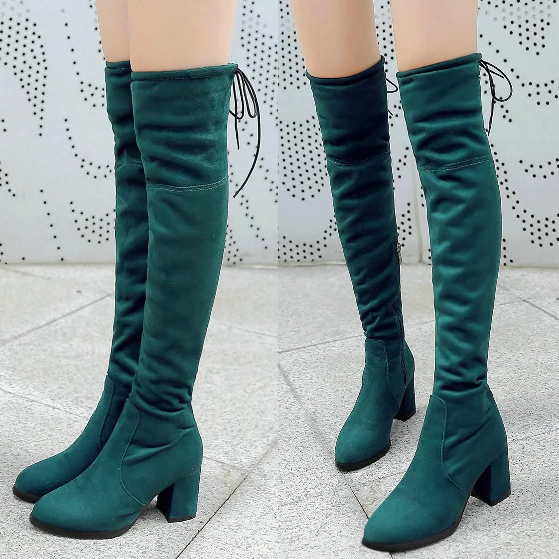 BEAUPAS Women's Chunky Heel Lace Up Over The Knee Boots High Heel Thigh High Block Heels Boots Round Toe Zipper Shoes