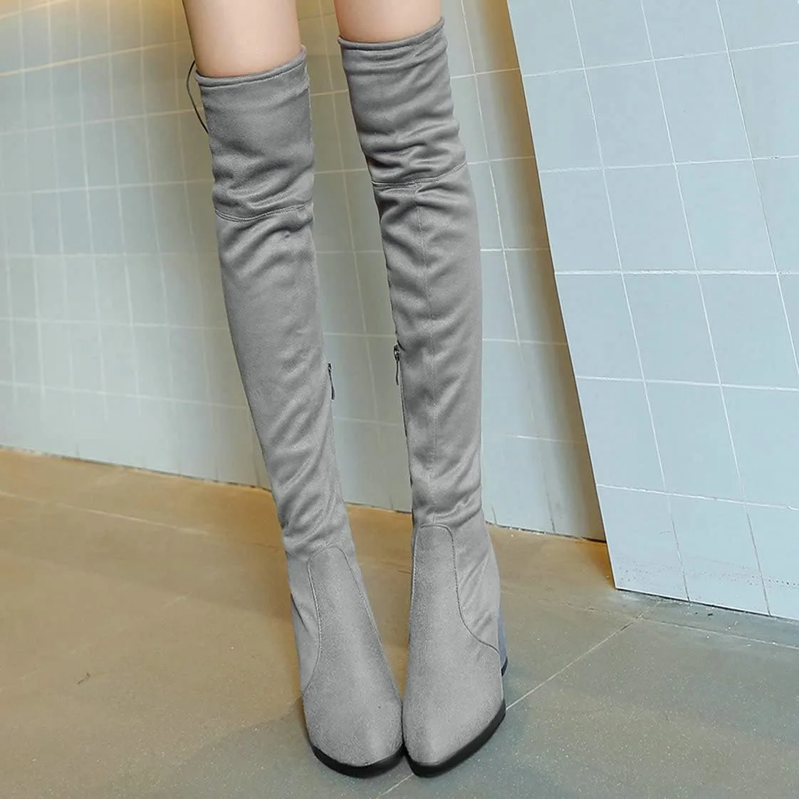 BEAUPAS Women's Chunky Heel Lace Up Over The Knee Boots High Heel Thigh High Block Heels Boots Round Toe Zipper Shoes