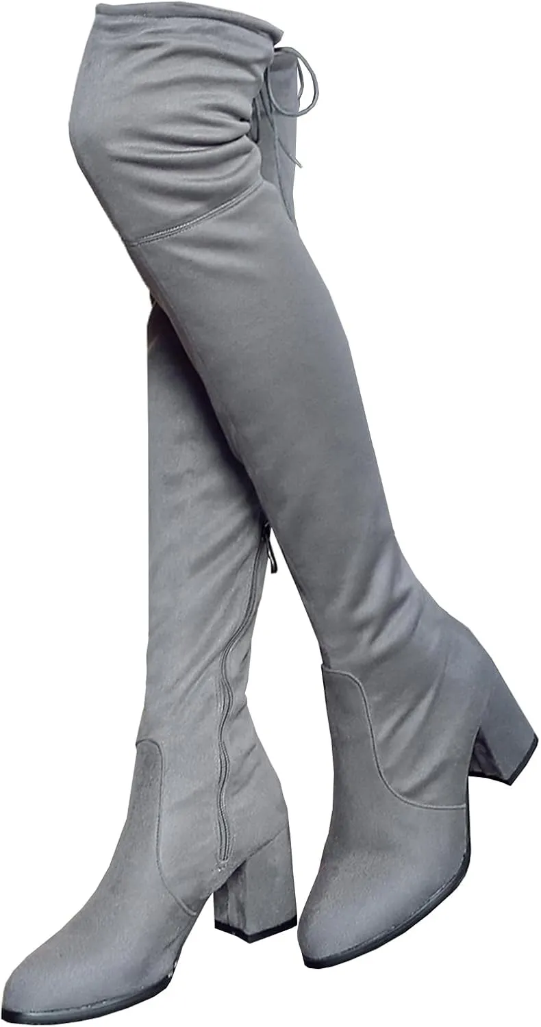 BEAUPAS Women's Chunky Heel Lace Up Over The Knee Boots High Heel Thigh High Block Heels Boots Round Toe Zipper Shoes