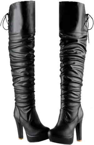 BEAUPAS Women's Chunky Platform Lace Up Over The Knee Boots High Heel Thigh High Block Heel Slouchy Boots Round Toe Gothic Shoes