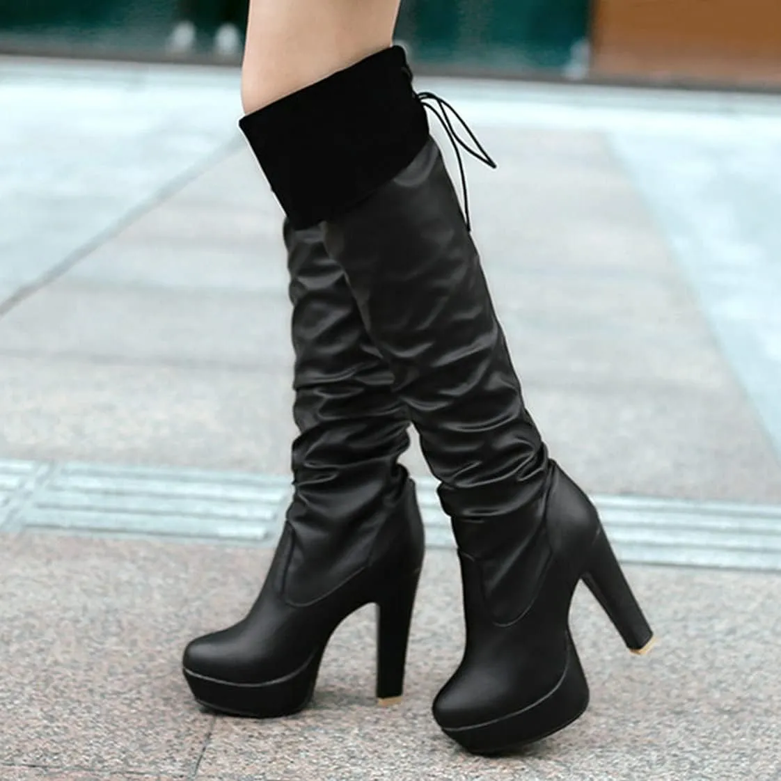BEAUPAS Women's Chunky Platform Lace Up Over The Knee Boots High Heel Thigh High Block Heel Slouchy Boots Round Toe Gothic Shoes