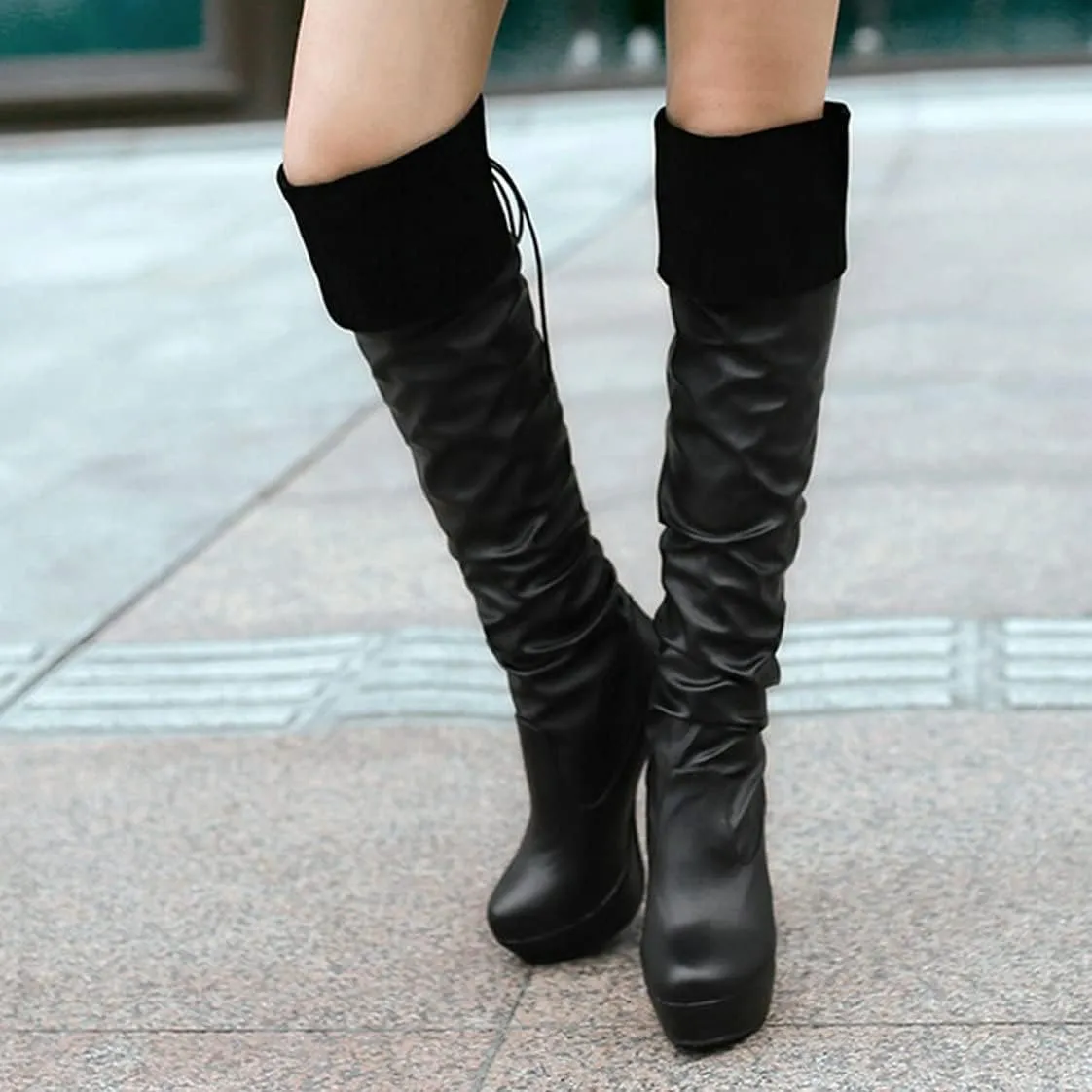 BEAUPAS Women's Chunky Platform Lace Up Over The Knee Boots High Heel Thigh High Block Heel Slouchy Boots Round Toe Gothic Shoes