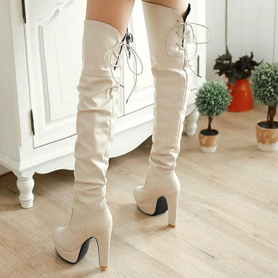 BEAUPAS Women's Chunky Platform Lace Up Over The Knee Boots High Heel Thigh High Block Heel Slouchy Boots Round Toe Gothic Shoes
