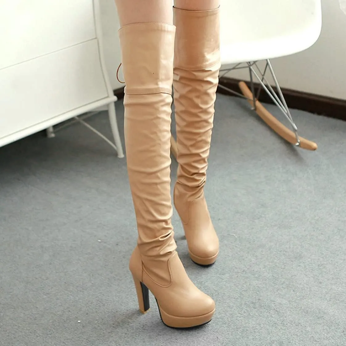 BEAUPAS Women's Chunky Platform Lace Up Over The Knee Boots High Heel Thigh High Block Heel Slouchy Boots Round Toe Gothic Shoes
