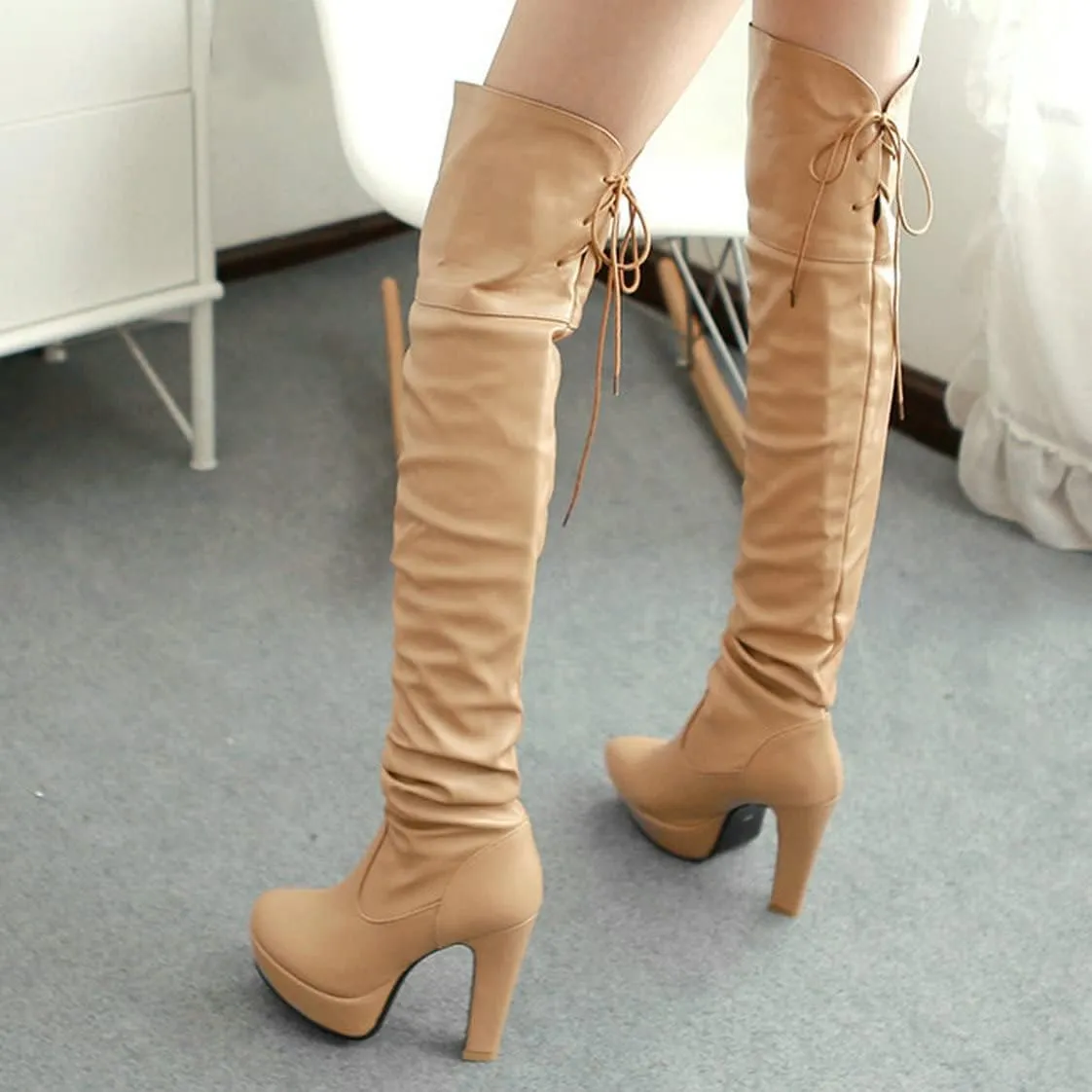 BEAUPAS Women's Chunky Platform Lace Up Over The Knee Boots High Heel Thigh High Block Heel Slouchy Boots Round Toe Gothic Shoes