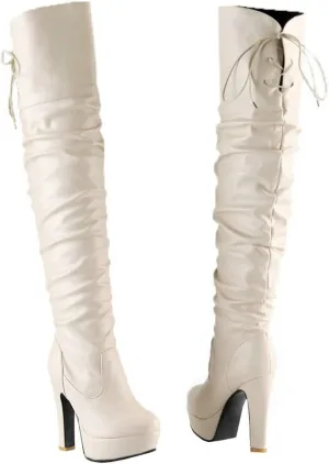 BEAUPAS Women's Chunky Platform Lace Up Over The Knee Boots High Heel Thigh High Block Heel Slouchy Boots Round Toe Gothic Shoes