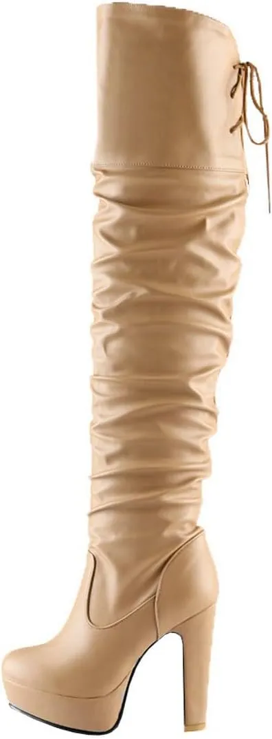 BEAUPAS Women's Chunky Platform Lace Up Over The Knee Boots High Heel Thigh High Block Heel Slouchy Boots Round Toe Gothic Shoes