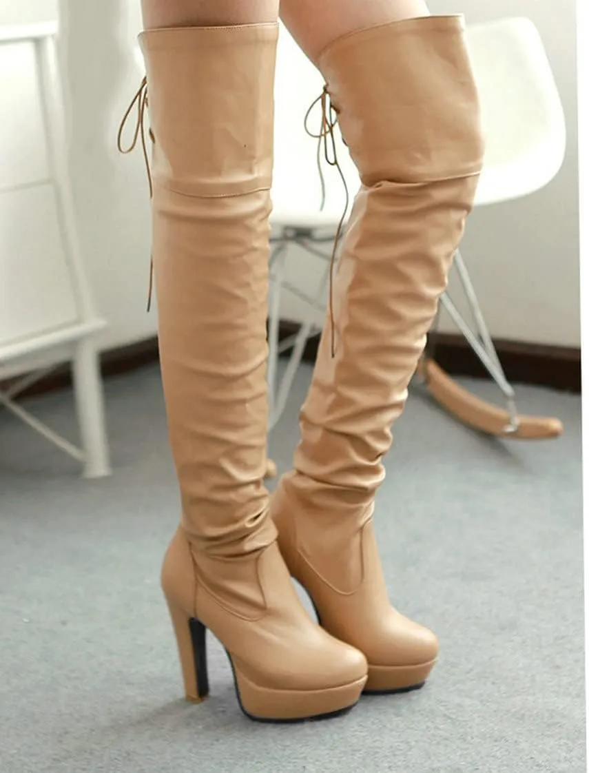BEAUPAS Women's Chunky Platform Lace Up Over The Knee Boots High Heel Thigh High Block Heel Slouchy Boots Round Toe Gothic Shoes