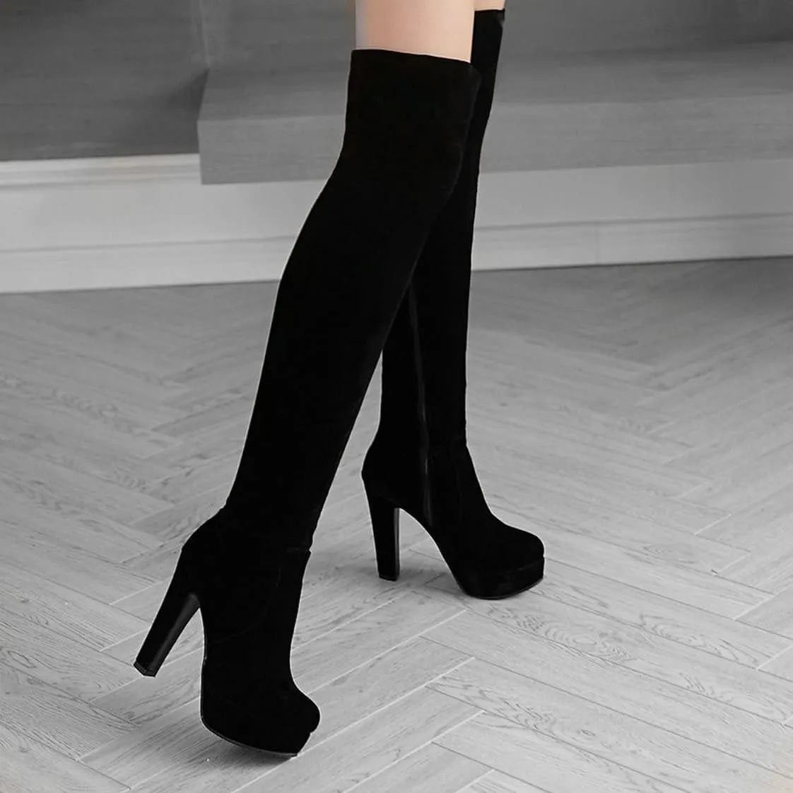 BEAUPAS Women's High Heel Over The Knee Boots Platform Block Heel Thigh High Boots Chunky Round Toe Zip Up Gothic Shoes