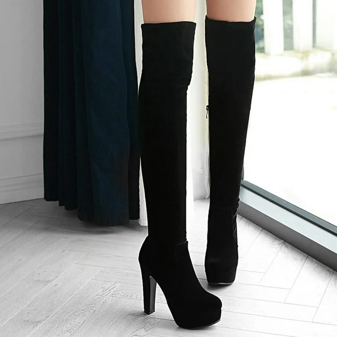 BEAUPAS Women's High Heel Over The Knee Boots Platform Block Heel Thigh High Boots Chunky Round Toe Zip Up Gothic Shoes
