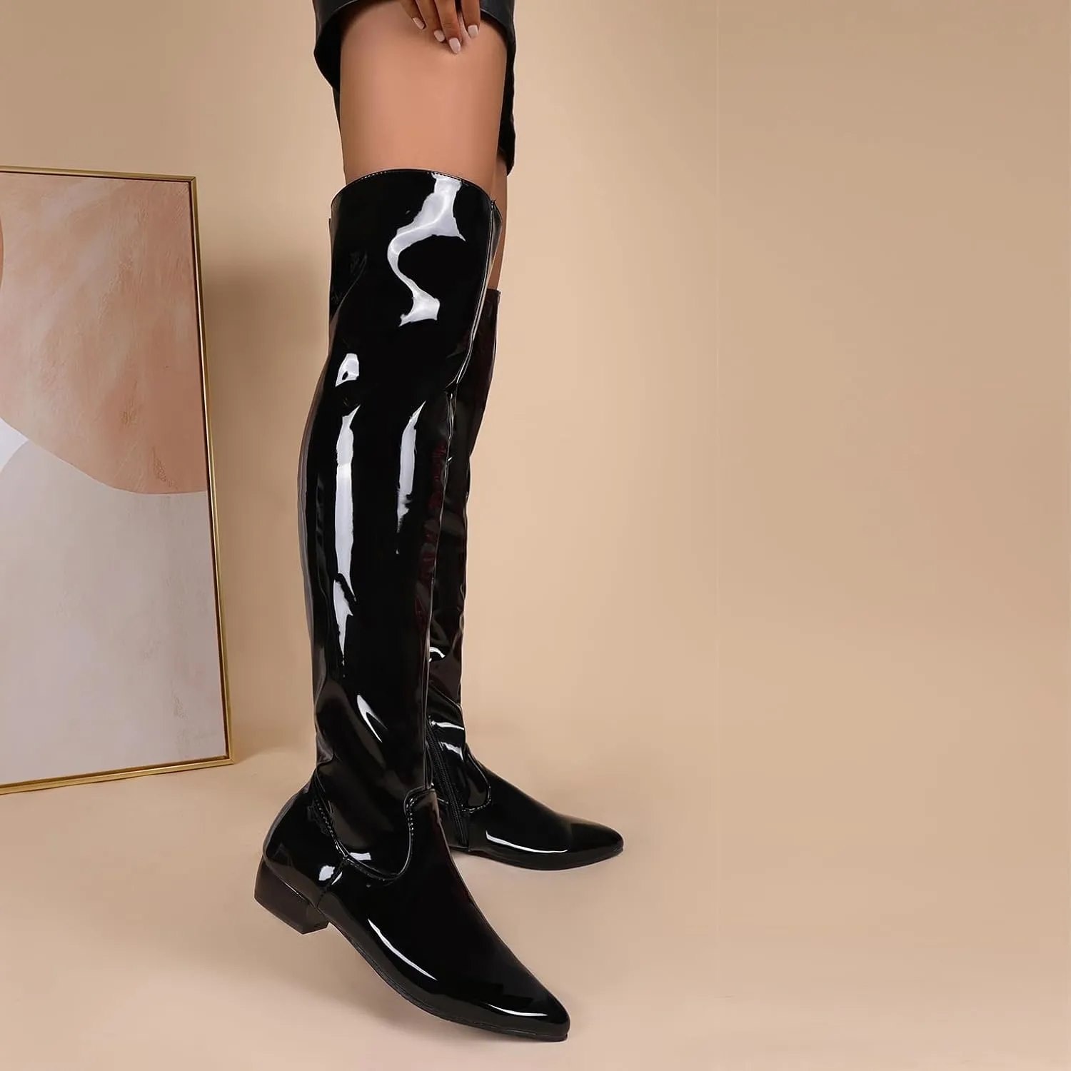 BEAUPAS Women's Patent Leather Flat Over The Knee Boots Pointed Toe Thigh High Boots Zip Up Shoes