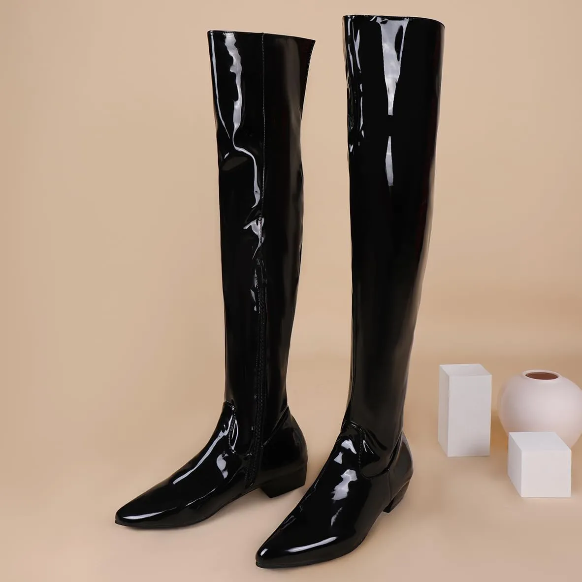 BEAUPAS Women's Patent Leather Flat Over The Knee Boots Pointed Toe Thigh High Boots Zip Up Shoes